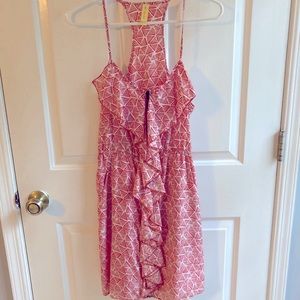 Orange and white ruffle dress with pockets